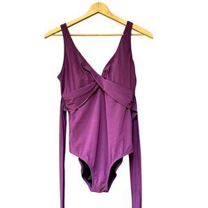 Land's End Women's Side-Tie V-Neck Wrap Eggplant One-Piece Swimsuit with Bra 12
